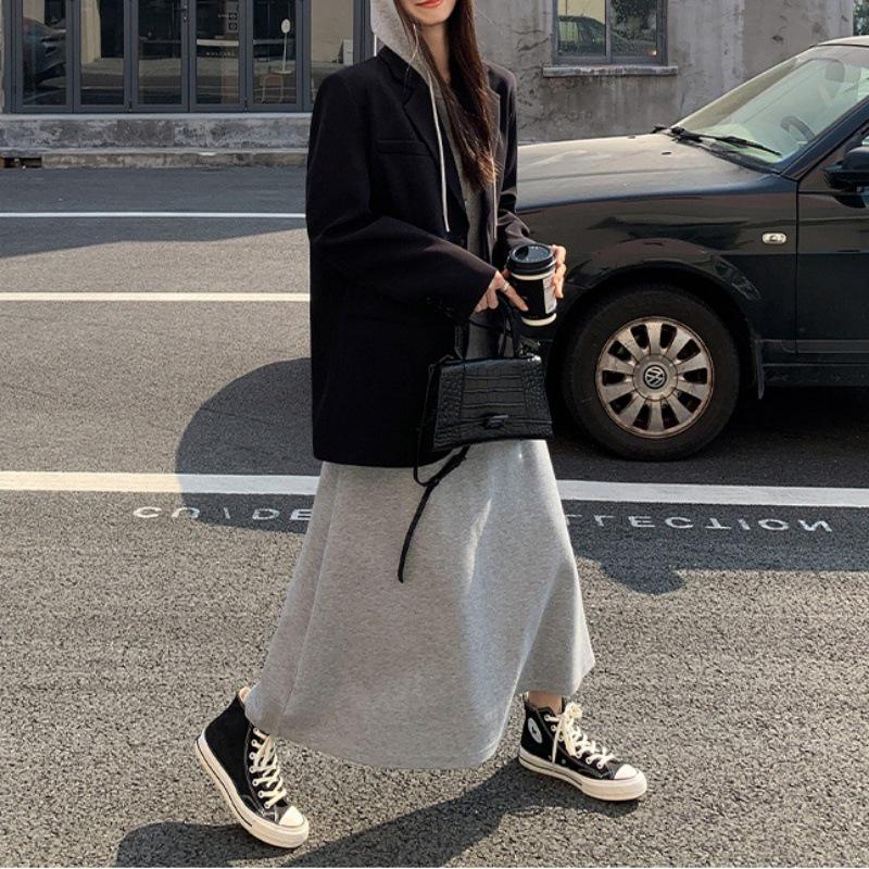 Women's French Chic Gray Hooded Knit Dress - Autumn/Winter Slimming Sweater Long Skirt