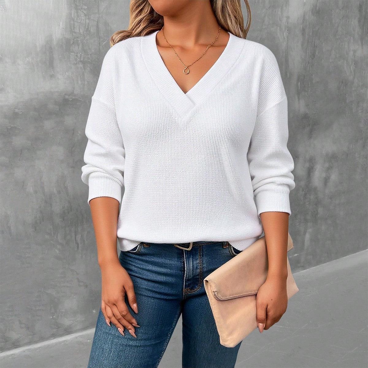Women s V Neck Long Sleeve Knit Sweater Multi Color Casual Loose Fit Top 0XL