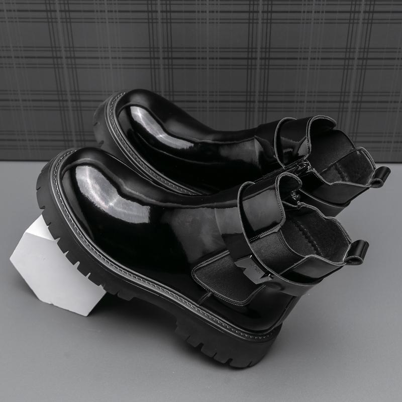 Thick Bottom Patent Leather Fashion Boots Mid-Calf Ankle Boots Glossy Street Style Dress Leather Boots Men's Round Short Boots