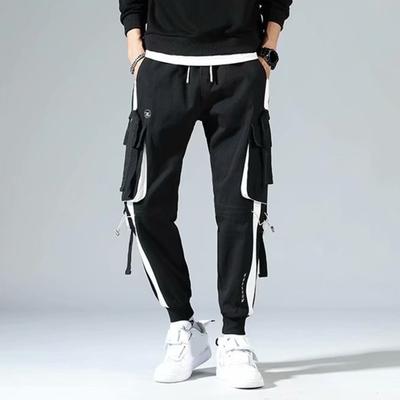 Men Cargo Pants Strap Decor Multi Pockets Loose Elastic Waist Ankle-banded Color Matching Hip Hop Streetwear