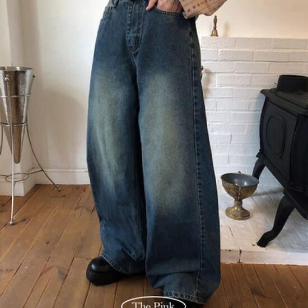 The Pink Chakin High Waist Brush Wash Wide Denim Pants