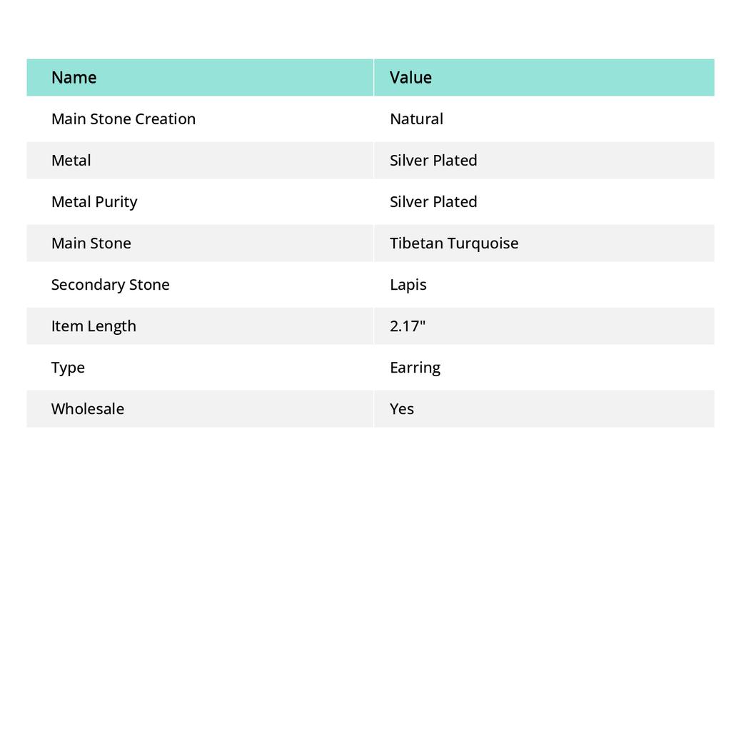 Turquoise Tibétaine Naturelle, Lapis Pierre Précieuse Bijou Fait Main Boucle d'Oreille 2,17" g0o34