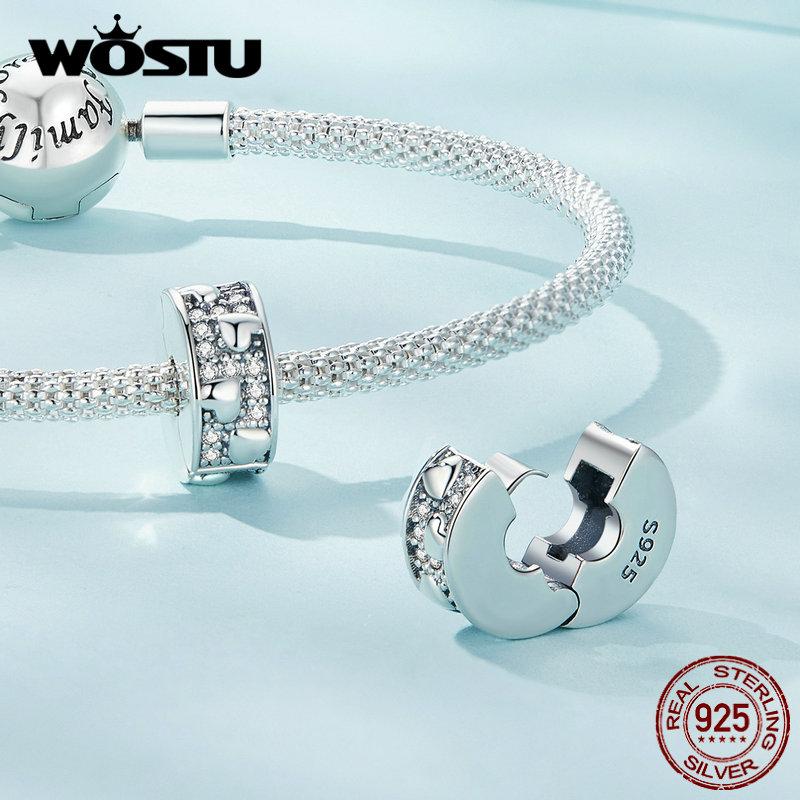 WOSTU Vintage 925 Sterling Silver Full of Zircon Flower Beads Moon Heart Charm Fit Original Bracelet DIY Necklace Jewelry Making