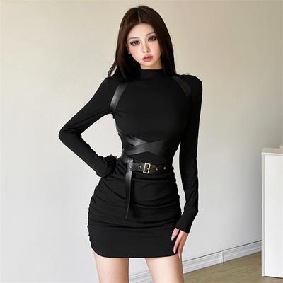 Trendy Personality Street Cool Punk Dress Black Sexy Dress Mature Beautiful Slim Fit Women's Long Sleeve Belt Dress