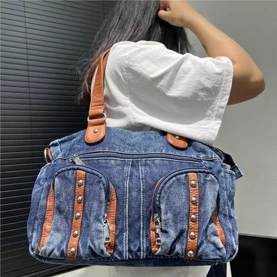 Korean Version Of Retro Multi-Pocket Splicing Washed Punk Denim Shoulder Bag