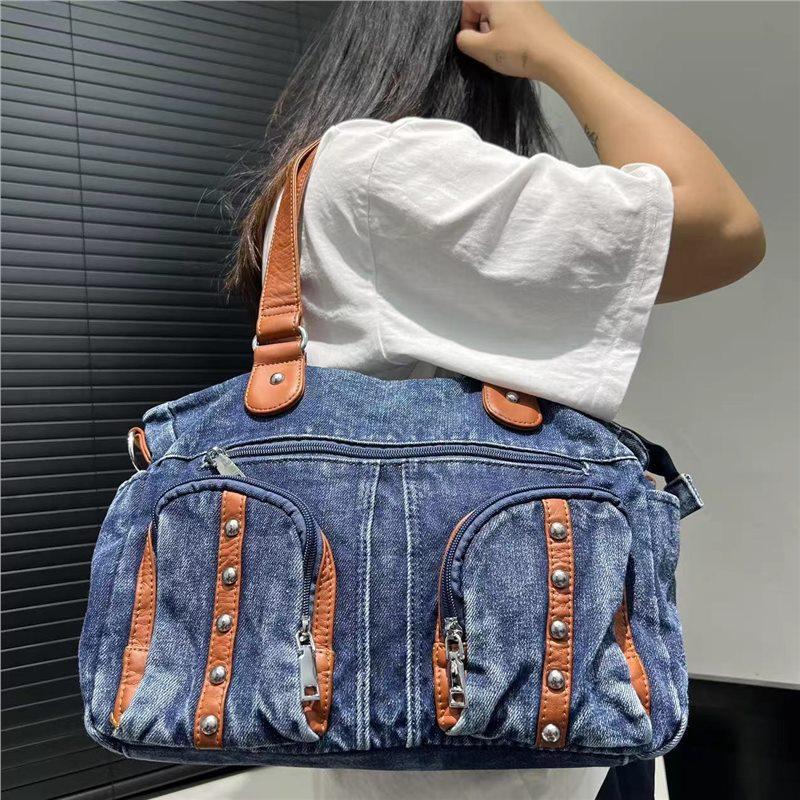 Korean Version Of Retro Multi-Pocket Splicing Washed Punk Denim Shoulder Bag