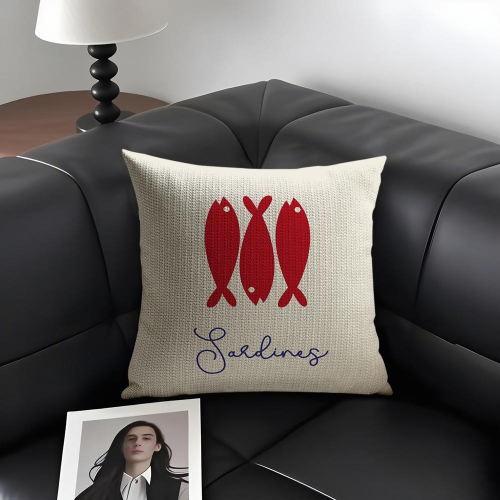 Cute Coastal Charm Sardine Cushion Cover Natural Linen Organic Fabric DoubleSided Printing Sofa Home Decor Gift Pillow Case