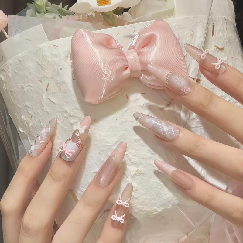 Осенне-Зимний Французский Маникюр Принцессы: Отбеливающие ногти с кружевной отделкой и съемным бантом S (fits 70% of people)