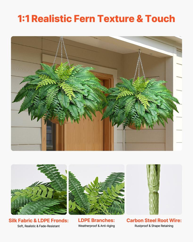 Artificial Ferns, 1143 mm Fake Boston Fern Bush Plant with 63 Fronds, Faux Greenery for Indoor/Outdoor Decor, Silk & LDPE, Suitable for Home Porch