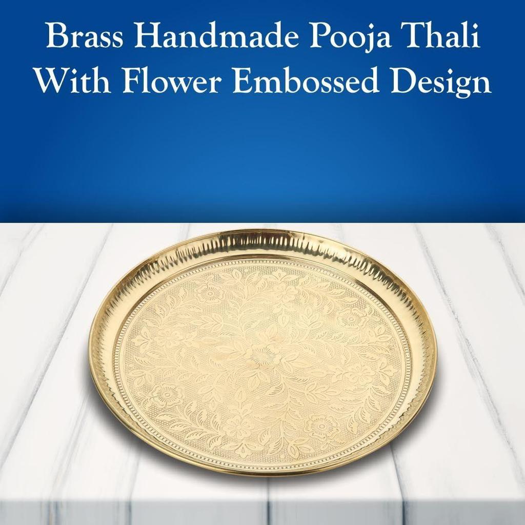 Handmade Pure Brass Puja Thali with Flower Embossed Design