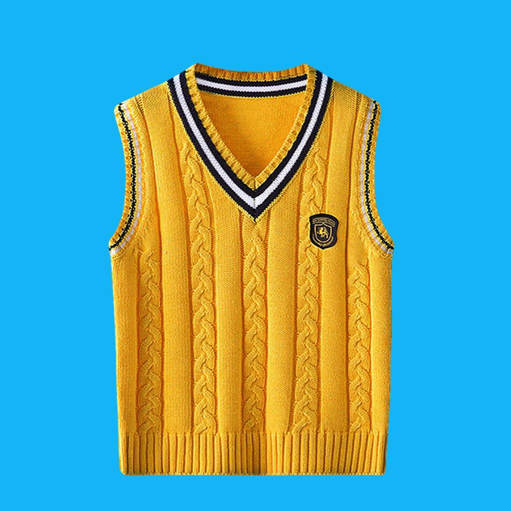 Colete de Malha de Algodão Puro Infantil - Estilo Uniforme Escolar Preppy, Sem Mangas, para Primavera e Outono