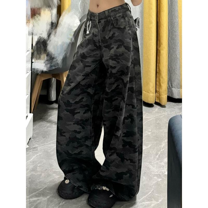 Tooling Camouflage High Waist New Jeans Women's Retro Autumn and Winter Design Loose Wide Legs Thin Floor Pants