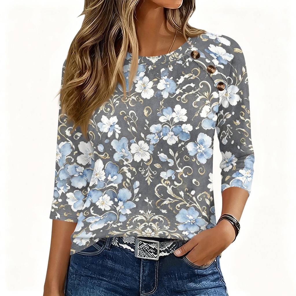 Women 3/4 Sleeve Crew Neck Button Decor Top Floral Pattern Casual Loose Fit Soft Fabric Pullover Shirt for Daily Wear