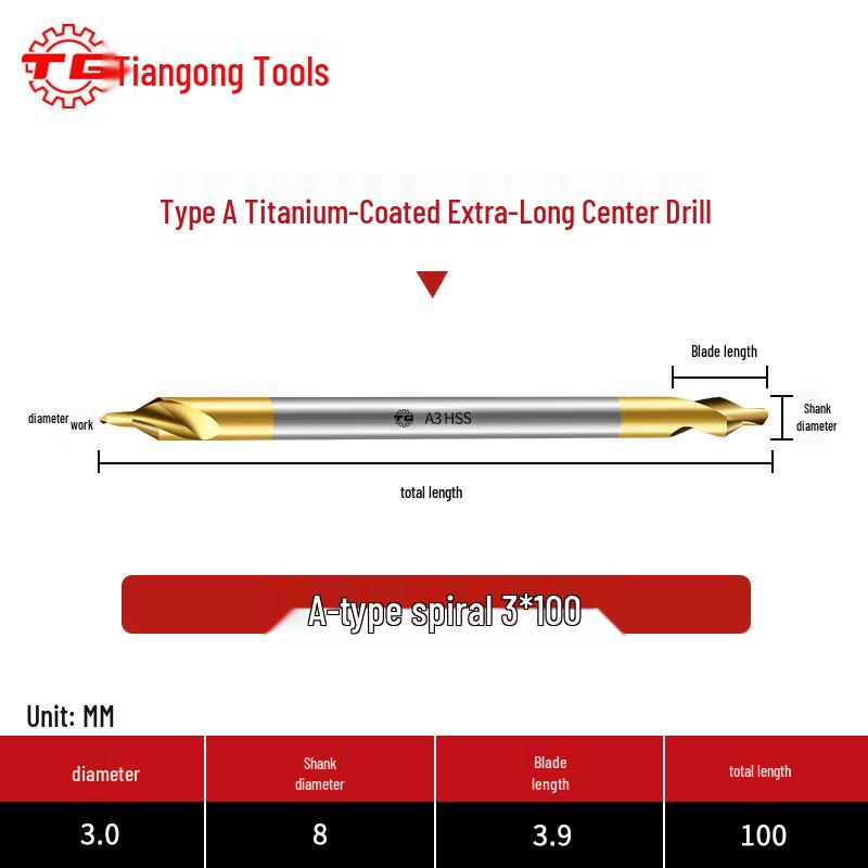 Burghiu de centrare Tiangong Tip A din oțel rapid placat cu titan pentru oțel inoxidabil