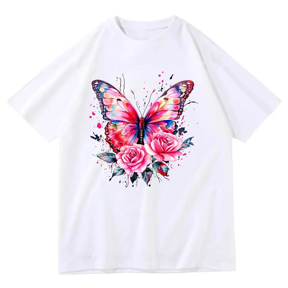 

Forest Style Fresh Butterfly Rose TShirt Watercolor Flower Print Cotton Tee Nature Lover Casual Top Women Clothing T Shirts 3XL