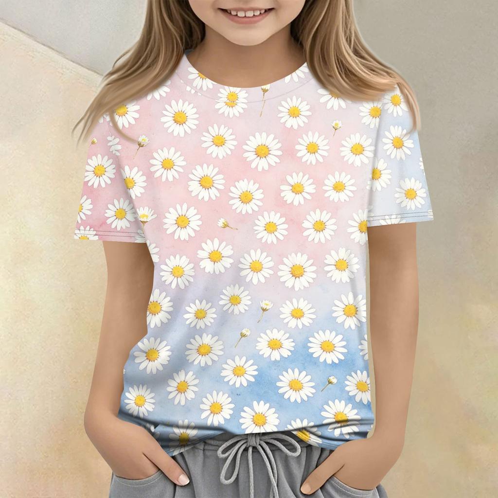 Kinder Blumenprint Rundhals Kurzarm Lässiges Lockeres T-Shirt Top für den Alltag Bequemer Stoff