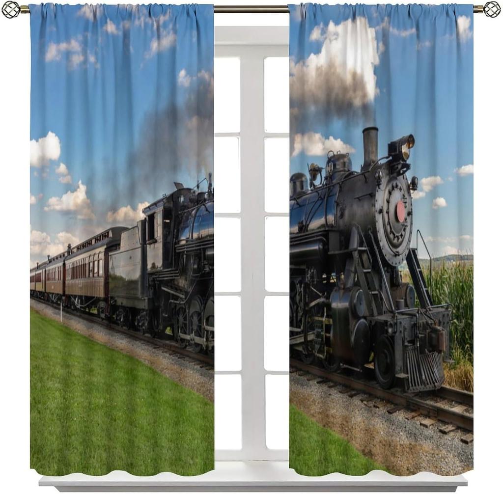 Light Blocking Steam Engine Curtains Old Train Through Country Field Scenery Print Window Treatments Curtain Vintage Polyester With Rod Pocket