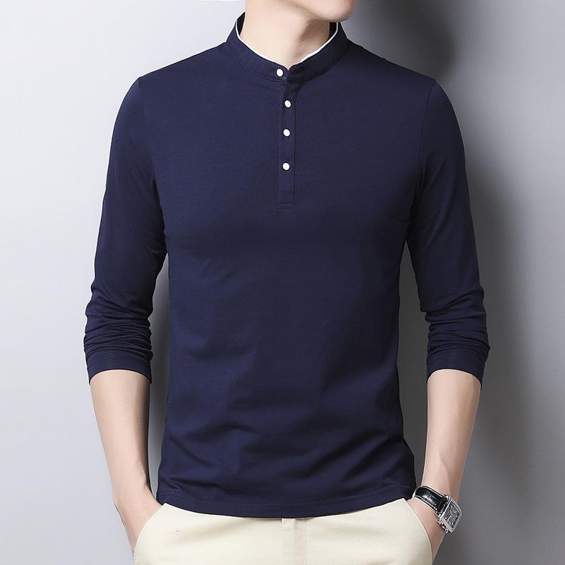 Youth Men's Trendy Long-Sleeve Stand-Up Collar Polo Cotton Shirt