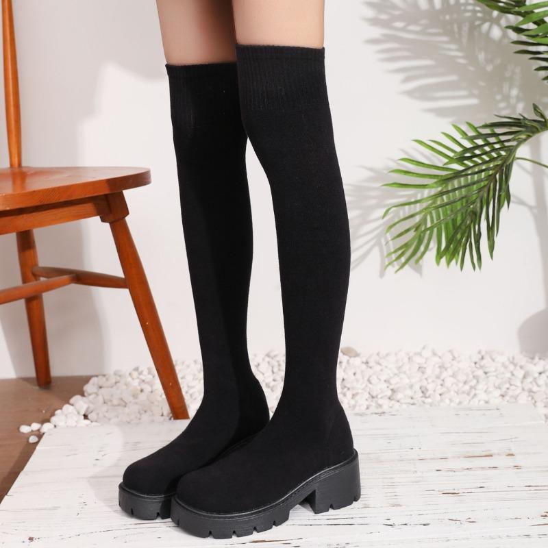 Knitted Stretch Boots Fashion Round Toe Breathable Sleeve Platform Non-Slip Block Heel Skinny Boots