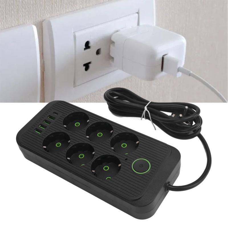 6 Way Power Strip With 4 USB And 1 Type C Port European Standard Power Socket With Switch 2 Meter Cable