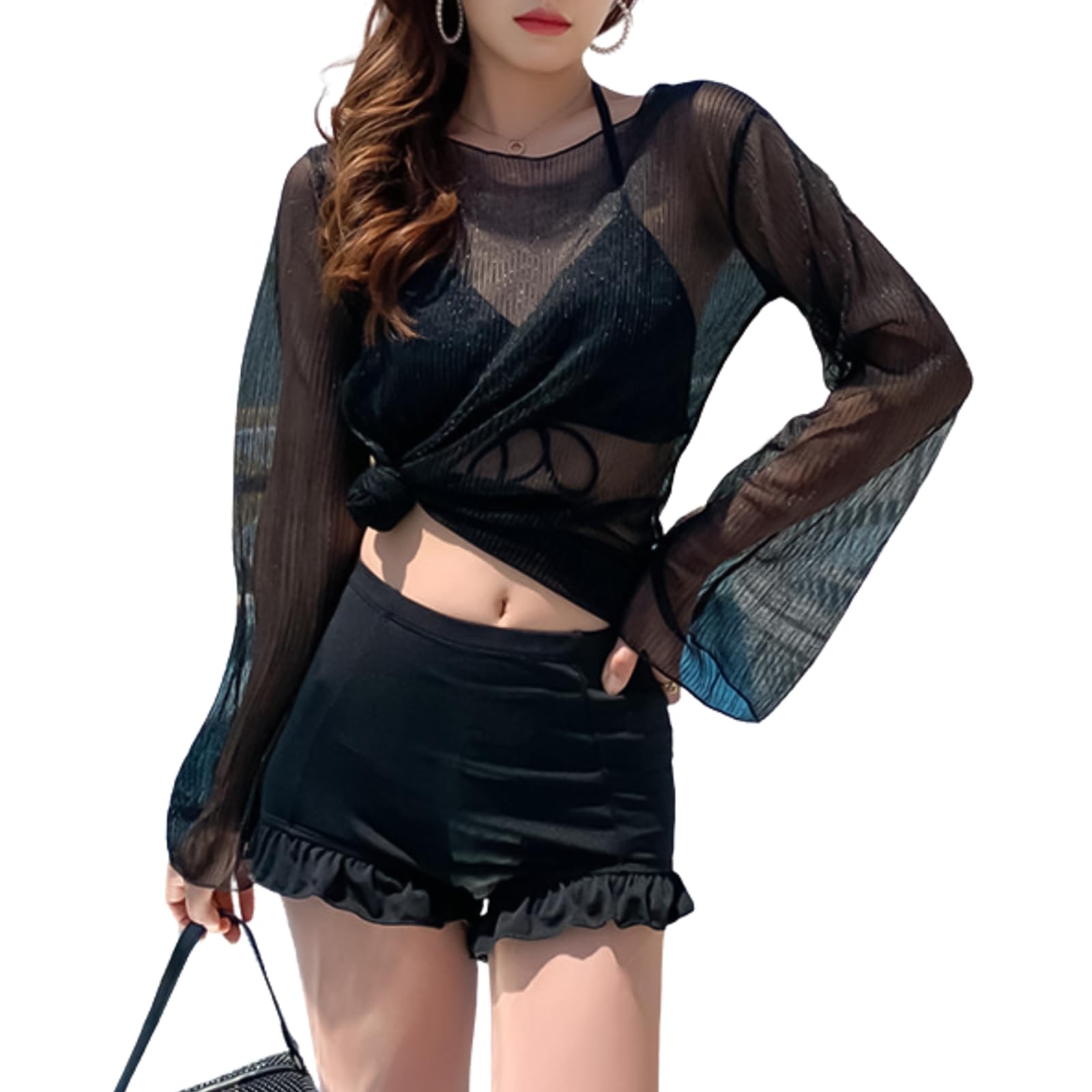 

Купальник бикини SeiunAn с раздельным танкини и рашгардом, прозрачный, с защитой от УФ-лучей, идеально подходит для пляжа или бассейна, женский, из 3 предметов: шорты, рашгард, накидка, беспроводной, чёрный