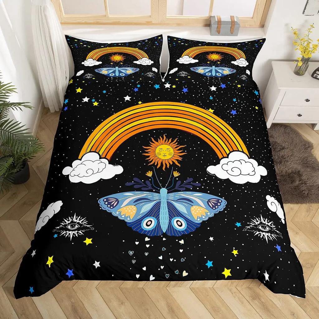 Death Moth Flowers King Queen Bedding Set Leaves Sun Moon Duvet Cover Gothic Animal Floral Comforter Cover Polyester Quilt Cover