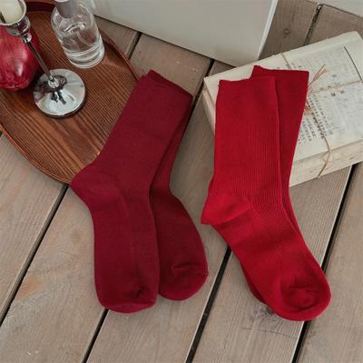 Red Socks Women Knitted Cotton Solid Color Elastic Long Socks Autumn and Winter Retro Middle Tube Socks New Year Christmas Gifts