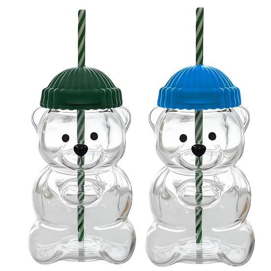 

Yousheng 2Pcs Bear Shaped Tumbler with Lid & Straw Cute Leak-Proof Cup for Kids Adults Plastic Cold Drink Cup for Smoothie And Iced Coffee F