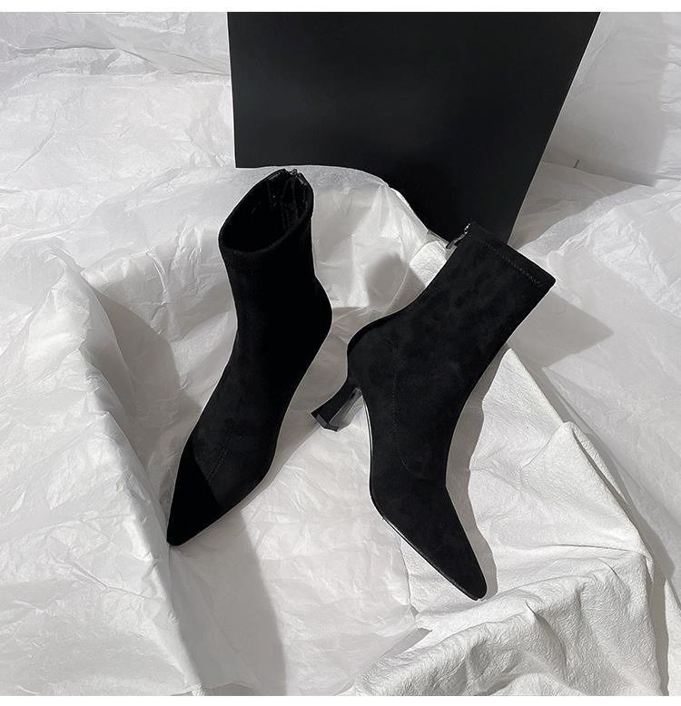 

Женская обувь коричневые короткие ботинки женские высокие каблуки 2025 осень и зима новые универсальные французские тонкий каблук эластичные ботинки замшевые остроносые тонкие 40 чёрный