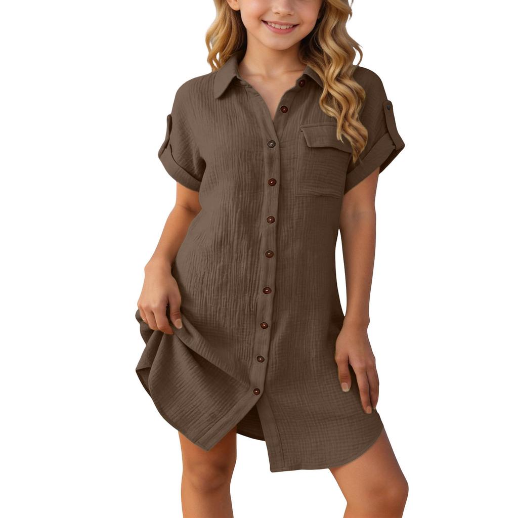 Girls Casual Short Sleeve Shirt Dress Loose Fit Button Down Collared Dress Lightweight Summer Dress for Kids