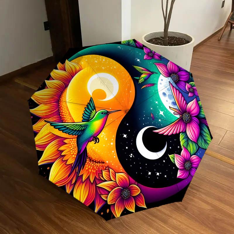 1pc Sunflower Hummingbird Yin Yang Umbrella with Plastic Handle,Suitable for All Seasons Home Travel Outdoor UmbrellaDD1206