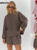 Fall Winter New Women's Set Loose Striped Fleece Warm Long Sleeve Shorts 2 Piece Outfit