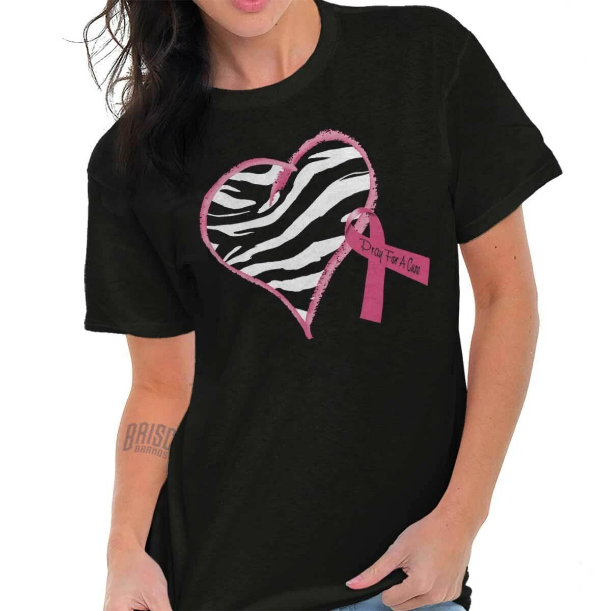 Zebra Print Heart Breast Cancer Awareness Womens Graphic Crewneck T Shirt Tee S