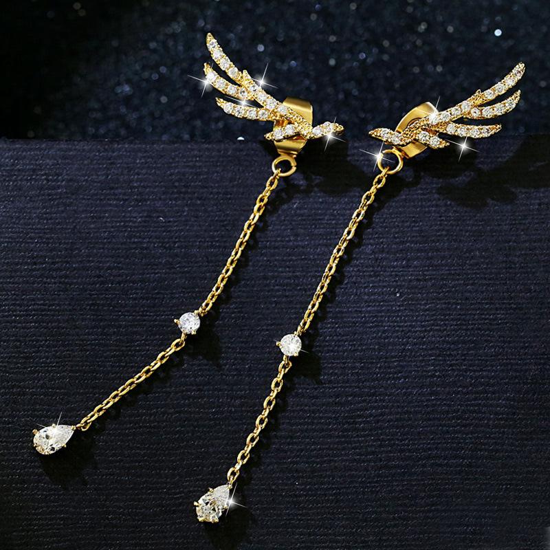 Rhinestone Crystal Angel Wings Tassel Stud Earrings - Fashionable Accessories