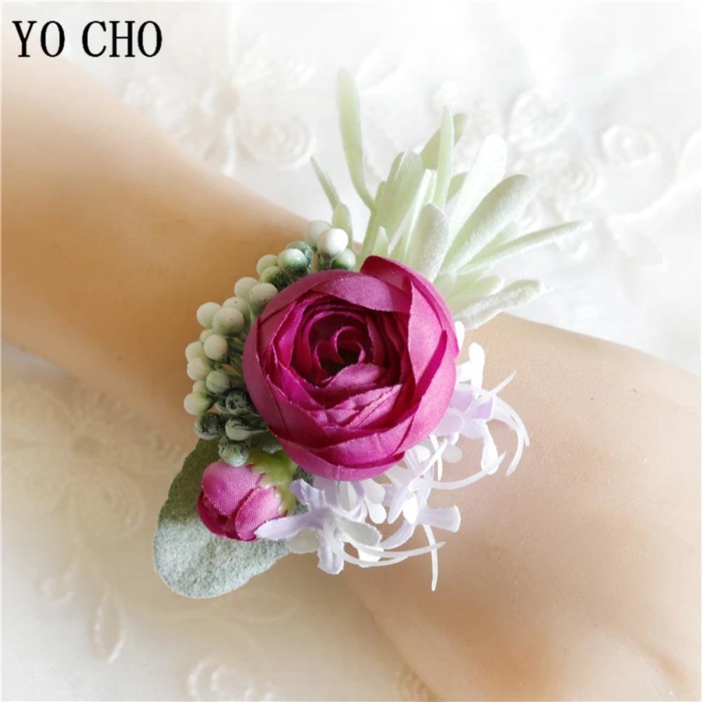 YO CHO Wedding Corsages Flower Groom Boutonniere Purple Silk Rose Man Brooches Wedding Bridesmaids Bracelet Wrist Corsage Flower