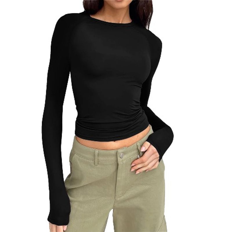 Spring & Fall New Arrival Cross-Border Fashion Round Neck Tight Casual and Comfortable Raglan Long Sleeves T-shirt Pure Color Silm Pullover Base