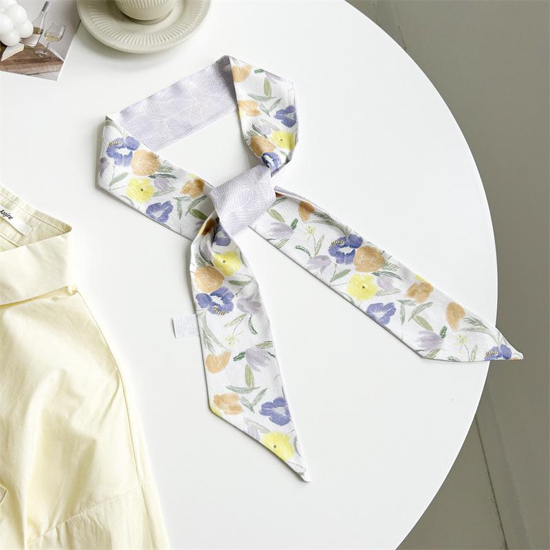 Spring Flower Print Silk Scarf Women's Versatile Long Strip Narrow Silk Scarf Pastoral Art Diagonal Streamer Tied Bag Ribbon