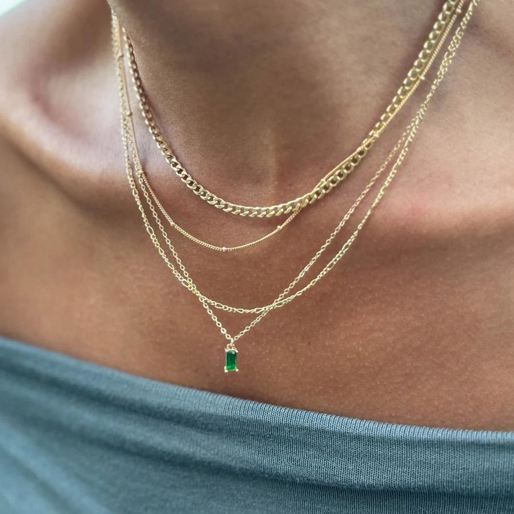 Bohemia Multilayer Green Crystal Pendant Chain Necklace For Women Trendy Gold-plate Big Thick Chain Necklaces 2024 Trendy Party