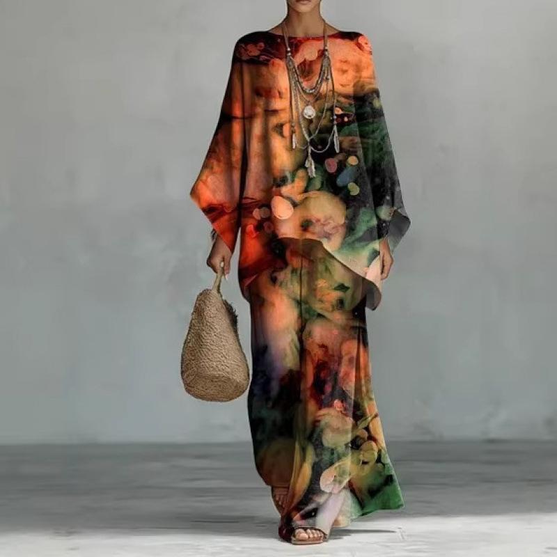 16 European and American artistic sense abstract graffiti set, round neck bat sleeve top + wide-leg pants loose two-piece set