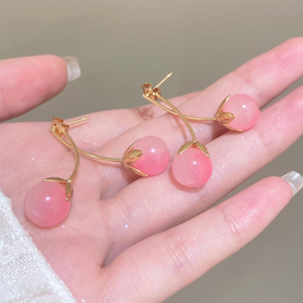 2024 New Sweet Cute Acrylic Cherry Drop Earrings For Women Fruit Earrings Stainless Steel Earring Charm Zircon