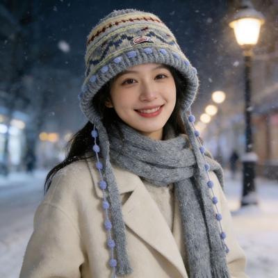 Leisure Fair Island Double-sided Jacquard Knitted Wool Hat for Women, Thickened In Autumn and Winter, Cold-proof and Versatile, Warm Neck and Fringe
