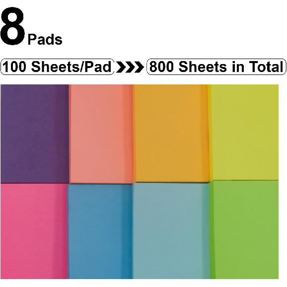 Sticky Notes 3x3, 8 Pack Sticky Pads 100 Sheet/Pad, Bulk Sticky Note Pads, Multicolor Self-Sticky Notes Pad - Teacher Classroom Must Haves, Back to