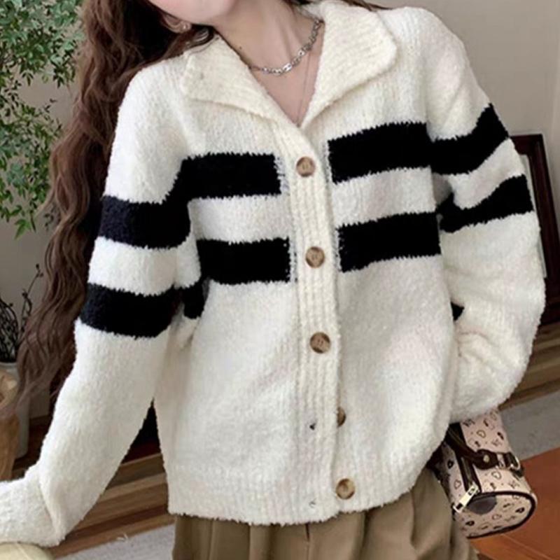 Fashion Turtleneck Striped Knitted Cardigan Women's Sweater Autumn and Winter Coat Loose Simple Casual Office Top Ladies Clothing