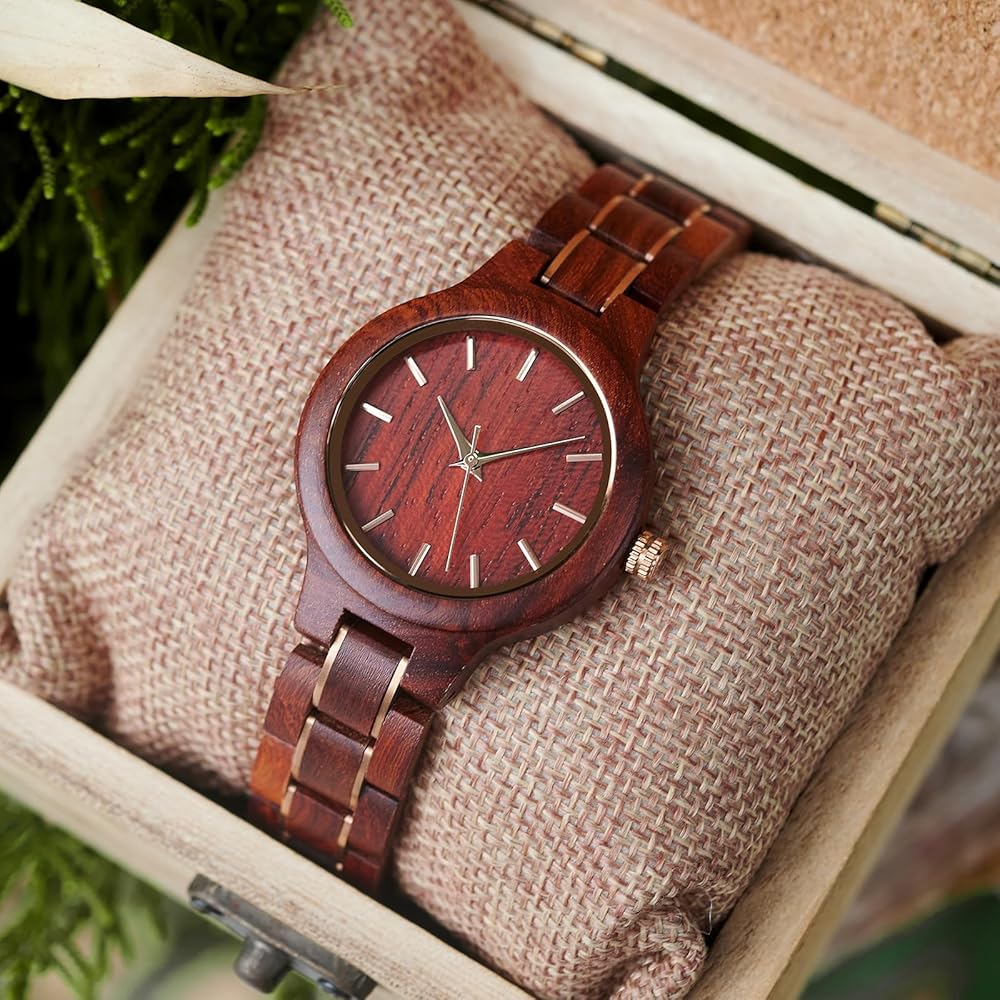 Wooden Time Women's Watch 35mm Lightweight Natural Sandalwood Quartz Casual Business Gift Red