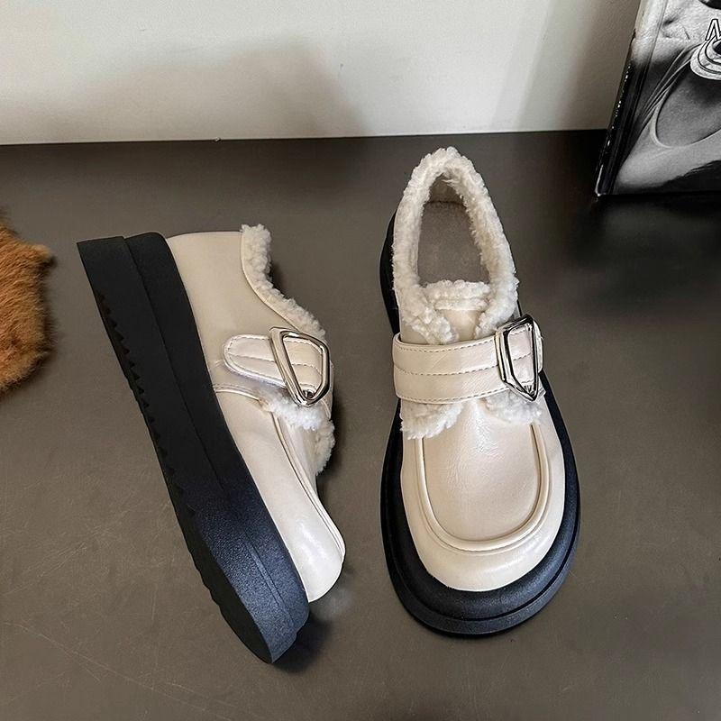 thick-soled velvet white small leather shoes women's 2025 new British college style small man cotton warm loafers