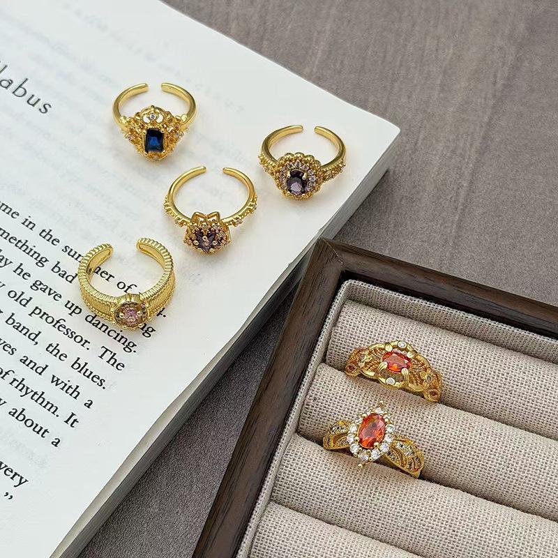 Medieval Vintage French Colored Treasure Zircon Light Luxury High-End Open Ring Niche Design Ring Woman