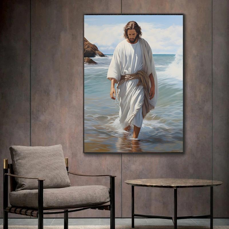Jesus Walking On Water Canvas Wall Art Modern Vintage Minimalist Design, Print, Serene Religious Art for Living Room, Artwork Scripture Wall Decor