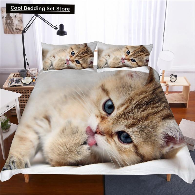 Super Cute Kitten Kids Bedding Set Kawaii Girl Quilt Cove King Queen Size Cat Animal 2/3pcs Polyester Duvet Cover (No Sheet)