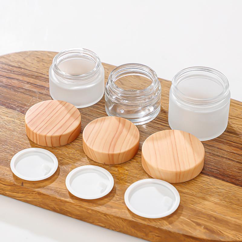 Frosted Glass Cream Jar with Wood Grain Lid for Refillable Cosmetics
