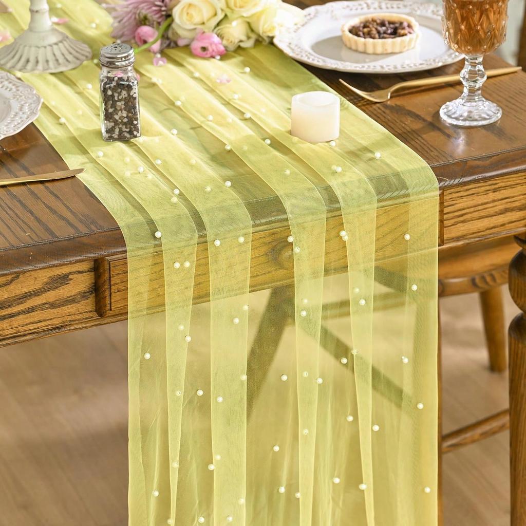 Luxurious Pearl Tulle Table Runner, 120 Inches Seasonal Tulle Table Decoration Suitable For Holidays Weddings  Birthdays  Family Gatherings.